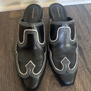 Anthropologie Black and White Embroidered Mules